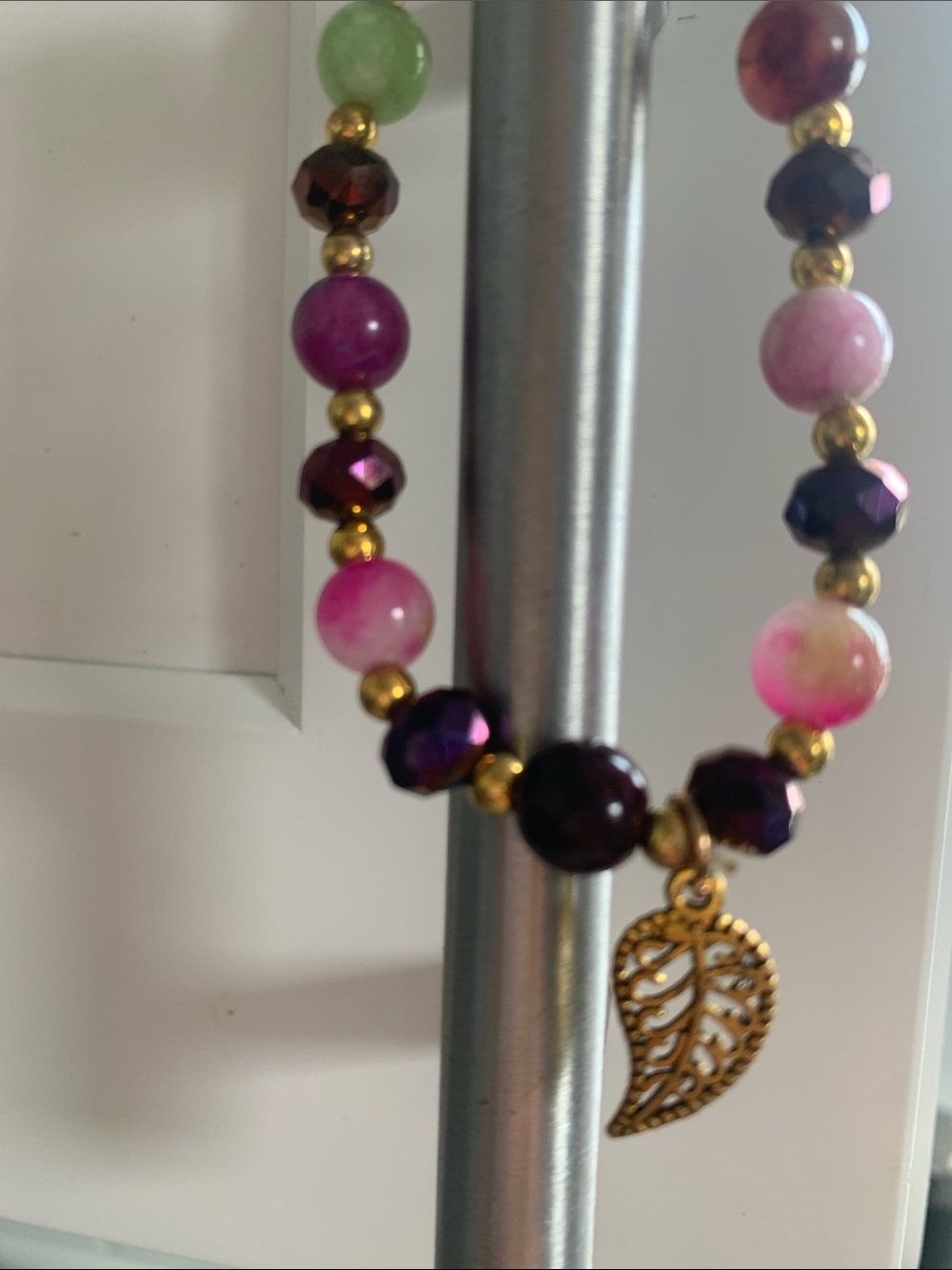Beautiful Pink, Purple & Green Beaded Bracelet with Gold Leaf Charm - Picture 5 of 5